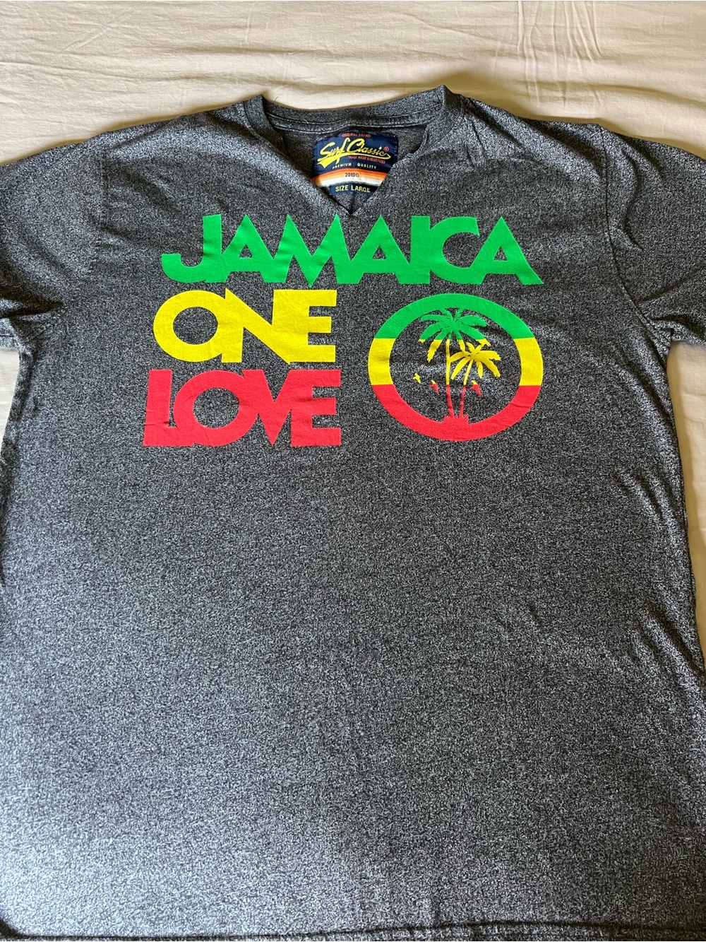 Classic Jamaica One Love Tee - Charcoal with Green, Yellow, Red Print